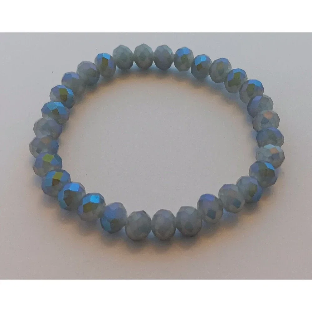 6 mm Blue Gray AB Faceted Rondelle Glass Stretch Bracelet 7 in